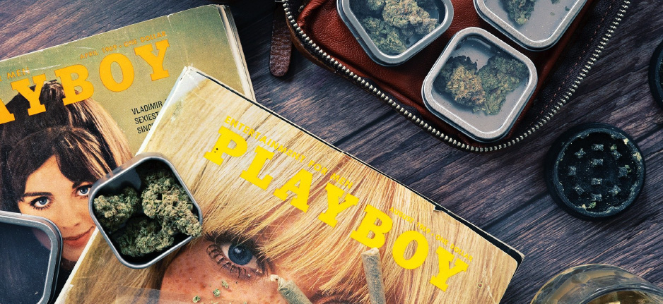 playboy magazine next to a brown case of cannabis
